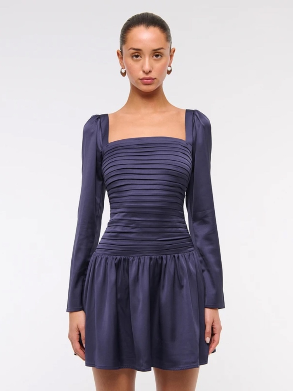 Abercrombie Emerson Drop Waist Satin Long Sleeve Mini Dress Navy S New